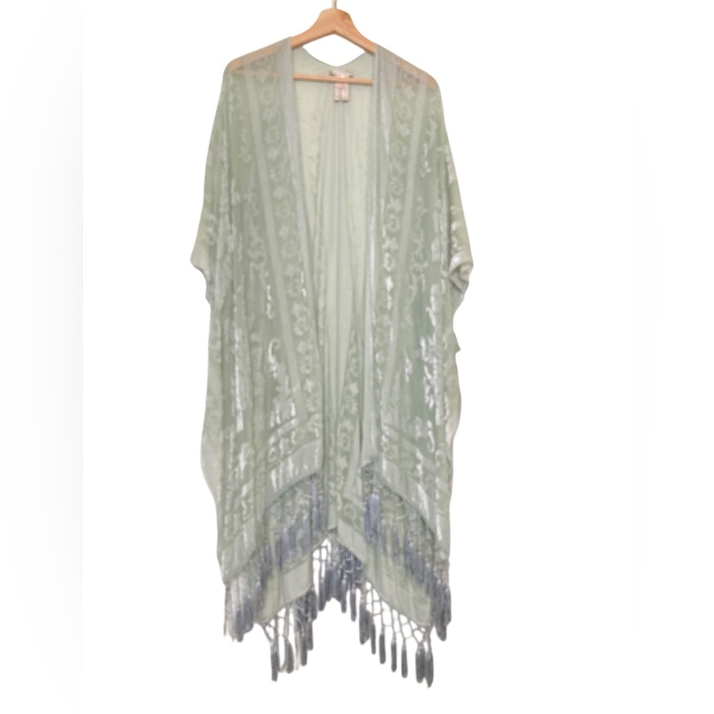 Free People Light Sage Green Open Kimono with Fringe